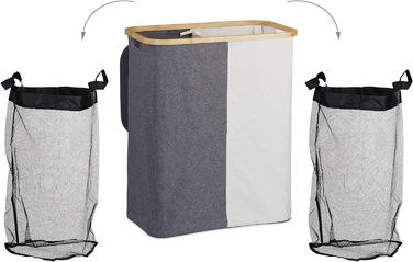 Relaxdays Wäschekorb mit Deckel, 130 l, Wäschesammler Bambus & Polyester, tragbar, atmungsaktiver Wäschesack,  90 10, (65.5x54x33.5 cm, Grau/Weiß)