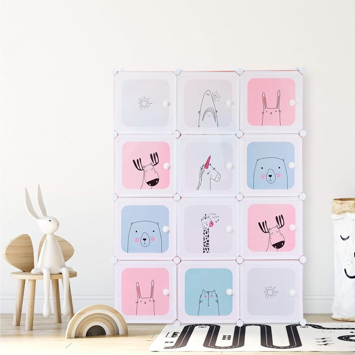 Relaxdays Steckregal Kinderzimmer, Mädchen, lustige Motive, DIY Schrank mit Türen, 145x110x37,5 cm, rosa