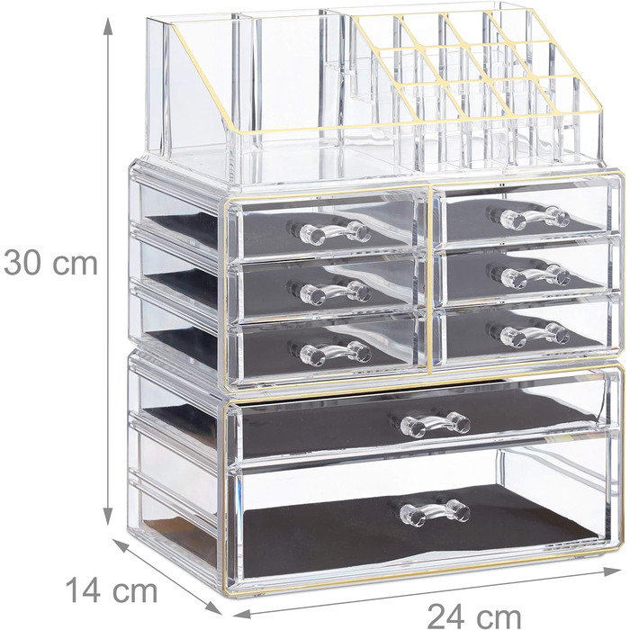 Relaxdays  x Make Up Organizer mit Schubladen, stapelbarer Schmuckkasten für Make Up, Acryl Schminkaufbewahrung,     Stück (1, Transparent-gold, 1 Stück)