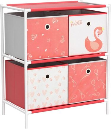 Relaxdays Kinderregal mit 4 Boxen, Spielzeug, Mädchen, Schwan-Design, Regal Kinderzimmer, HBT: 62 x 53 x 30 cm, weiß/rot