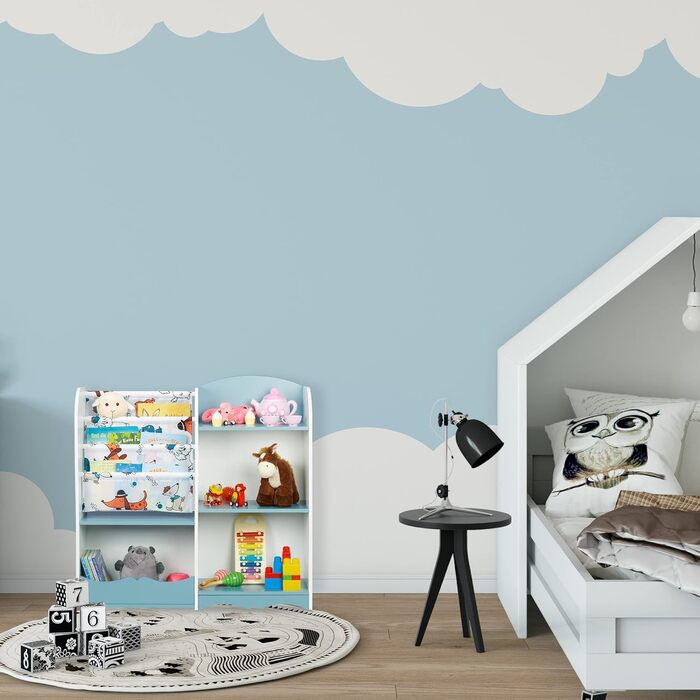 Relaxdays Kinderregal, 7 Fächer für Bücher & Spielzeug, Hundemotiv, HxBxT: 84 x 86 x 26 cm, Kinderzimmerregal, bunt