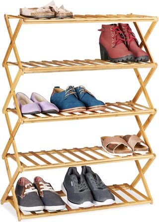 Relaxdays Schuhregal, 5 Ebenen, 15 Paar Schuhe, Bambus, 89x65x26 cm