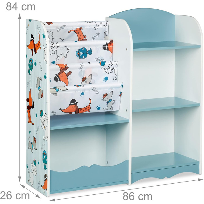 Relaxdays Kinderregal, 7 Fächer für Bücher & Spielzeug, Hundemotiv, HxBxT: 84 x 86 x 26 cm, Kinderzimmerregal, bunt