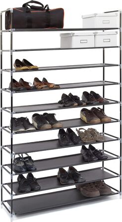 Relaxdays Schuhregal Stoff, HBT: 175,5x100x29 cm, für 50 Paar Schuhe, 10 Etagen, Stecksystem, XXL Schuhgestell, schwarz