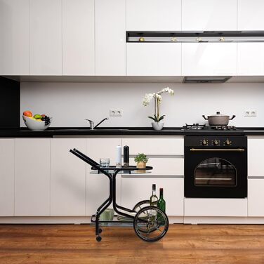Relaxdays Servierwagen, 2 Ablagen, 76x46x82 cm, Glas & Eisen, Beistellwagen auf Rollen, schwarz