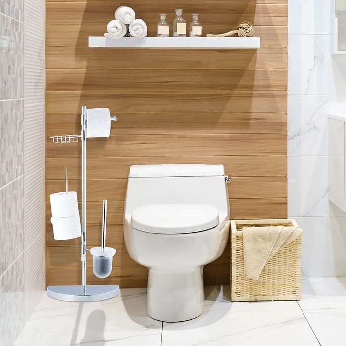 Relaxdays, Chrom Garnitur universal, Rollenhalter, WC-Bürste mit Behälter, Ablage, 360° drehbare Elemente, 86 cm hoch