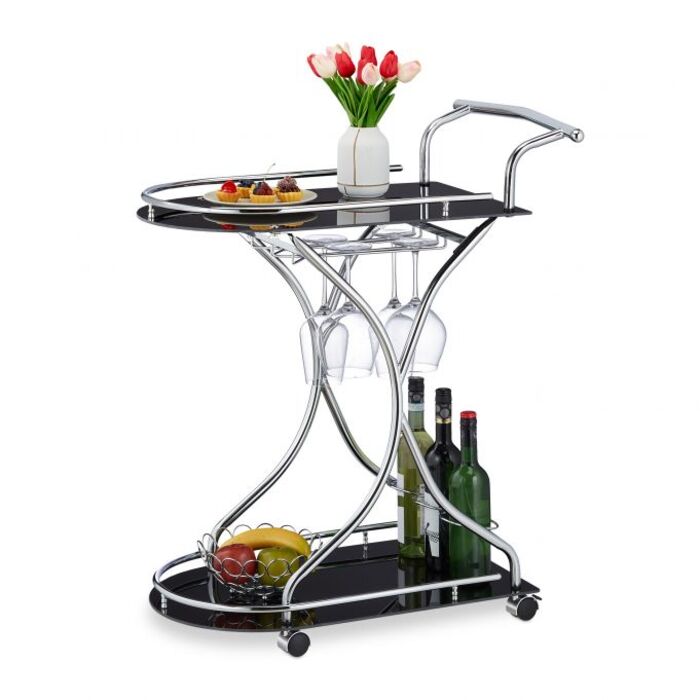Relaxdays Servierwagen aus Chrom & schwarzem Glas