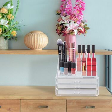 Relaxdays Make Up Organizer, 2-teilig, mit Schmuckkästchen, 3 Schubladen, Kunststoff, HBT 18,5x23,5x15 cm, (Transparent)