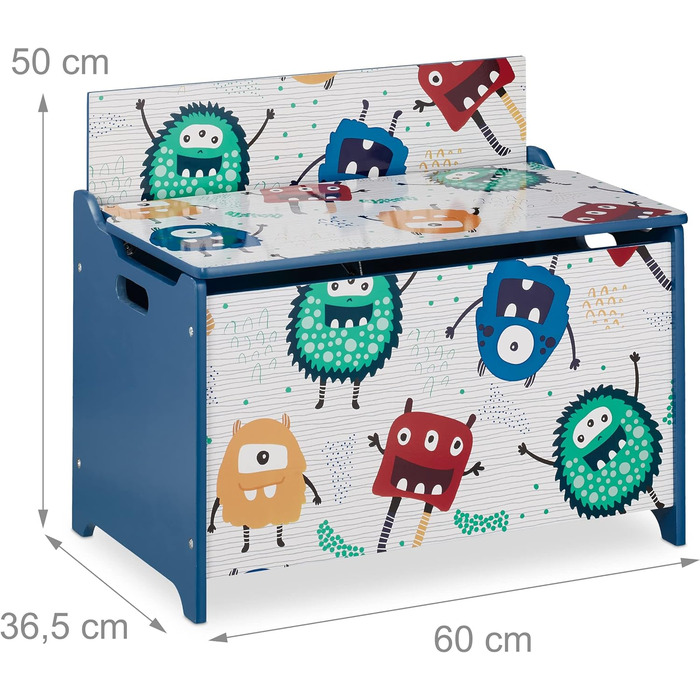 Relaxdays Spielzeugtruhe, Monster-Design, Spielzeugkiste mit Deckel, HBT: 50x60x36,5 cm, MDF, Spielzeugbox, blau/weiß