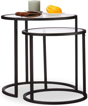 Relaxdays, schwarz Beistelltische 2er Set, Satztisch, Sofatisch, mit Glasplatte, untereinander passend, HBT 50,5x50x50cm, Hartglas, Standard