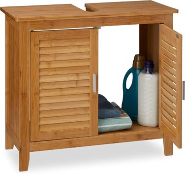 Relaxdays Waschbeckenunterschrank LAMELL, 2 Türen, Bambus & MDF, 60x67x30 cm, natur
