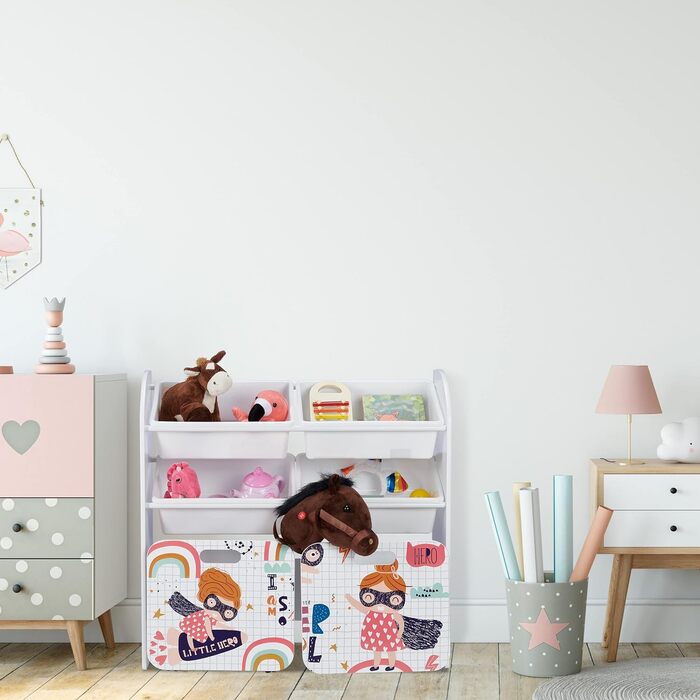 Relaxdays Kinderregal mit 6 Boxen, Kleine-Heldin-Motiv, 2 Kisten mit Rollen, HBT: 80,5x82,5x30 cm, Spielzeugregal, weiß