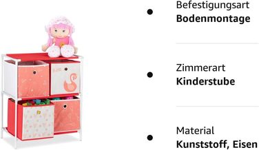 Relaxdays Kinderregal mit 4 Boxen, Spielzeug, Mädchen, Schwan-Design, Regal Kinderzimmer, HBT: 62 x 53 x 30 cm, weiß/rot
