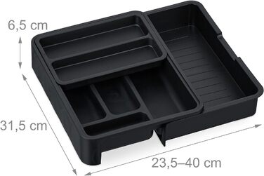 Relaxdays Besteckkasten, ausziehbar, HxBxT: 6,5 x 23,5-40 x 31,5 cm, 7 Fächer, Kunststoff, schwarz