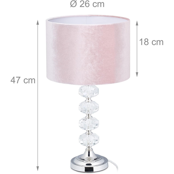 Relaxdays Tischlampe, Samt und Kristall, HxD: 47 x 26 cm, E14-Fassung, Nachttischlampe, indirekte Beleuchtung, rosa