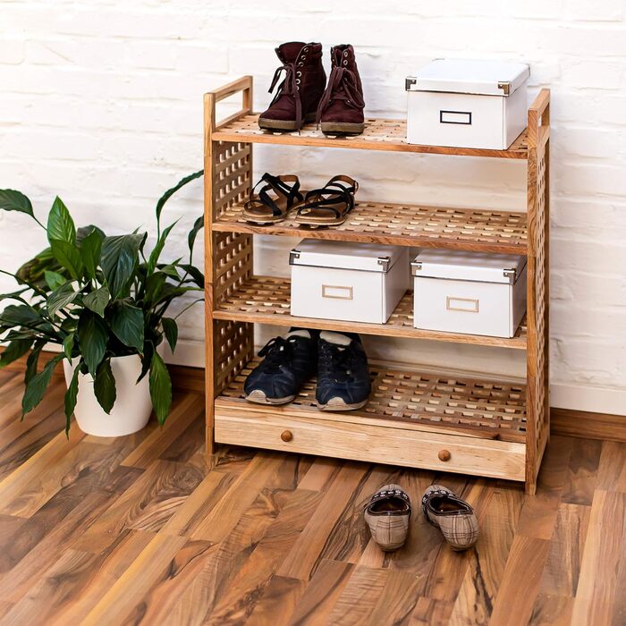 Relaxdays Schuhregal 81x70x27cm, 4 Böden, Schublade, geölt