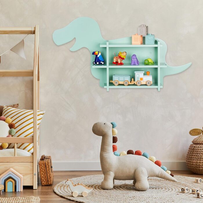 Relaxdays Kinderregal Dino, 2 Fächer, Bücherregal, HBT: 43,5x84x13,5 cm, türkis, Faserplatte