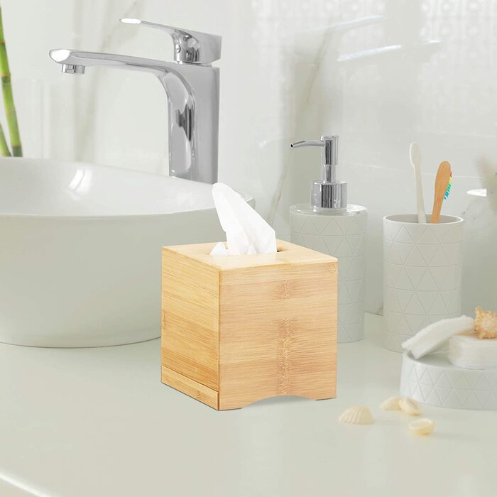 Relaxdays 2 x Kosmetiktücherbox quadratisch, Taschentuchbox Holz, Kosmetikbox Bambus, HxBxT: 15,5 x 14,5 x 14,5 cm, Natur