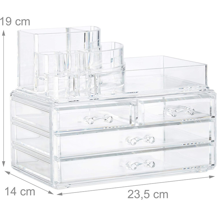 Relaxdays 1 x Make Up Organizer mit 4 Schubladen, Kosmetik Halter Nagellack u. Lippenstift, Acryl Make Up Kit, transparent