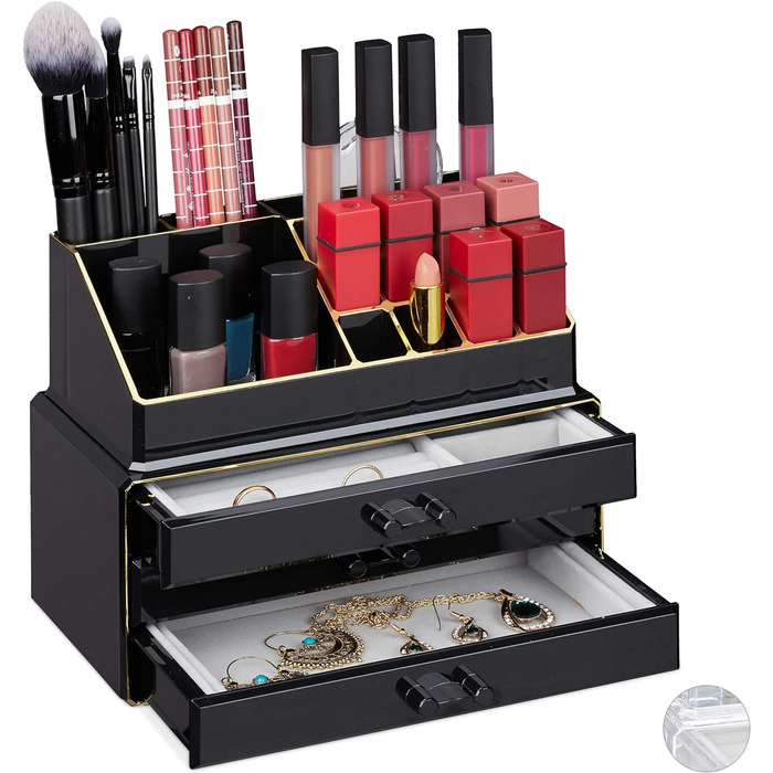Relaxdays Make Up Organizer, 2-teilig, mit Schmuckkästchen, 3 Schubladen, Kunststoff, HBT 18,5x23,5x15 cm, schwarz-gold