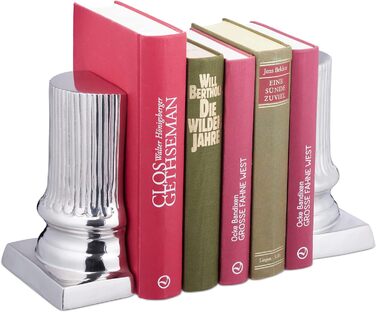 Relaxdays Buchstütze, 2er Set, Säulen Design, für Bücherregal, Bücherhalter HxBxT: 18 x 12,5 x 7 cm, Aluminium, Silber