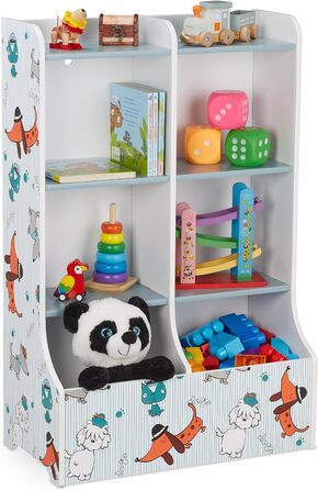Relaxdays Kinderregal, HxBxT: 90 x 59 x 30 cm, Kinderzimmerregal mit Hundemotiv, 8 Fächer, MDF, Bücherregal Kinder, bunt