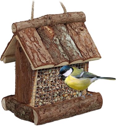 Relaxdays Vogelfutterhaus, Holz, HBT: 17x15x12 cm, mit Silo, Vogelfutterspender, Natur (60 Zeichen)