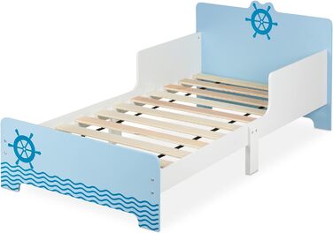 Relaxdays Kinderbett mit Rausfallschutz, HBT: 60x77x143 cm, Lattenrost, Kleinkindbett mit Seefahrt-Motiv, MDF, blau/weiß