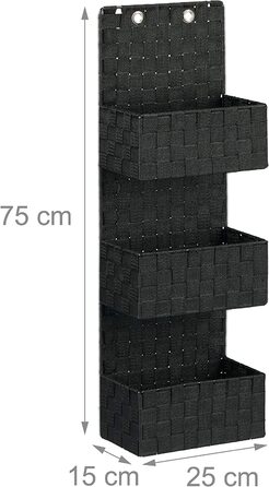 Relaxdays Hängeorganizer Stoff, Türorganizer mit 3 Aufbewahrungskörben, Wandorganizer Bad, PP, HBT: 75x25x15cm, (15 x 25 x 75 cm, Schwarz)