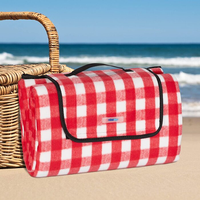 Relaxdays XXL Picknickdecke, 200 x 200 cm, Fleece Stranddecke, wärmeisoliert, wasserdicht, mit Tragegriff, rot/weiß