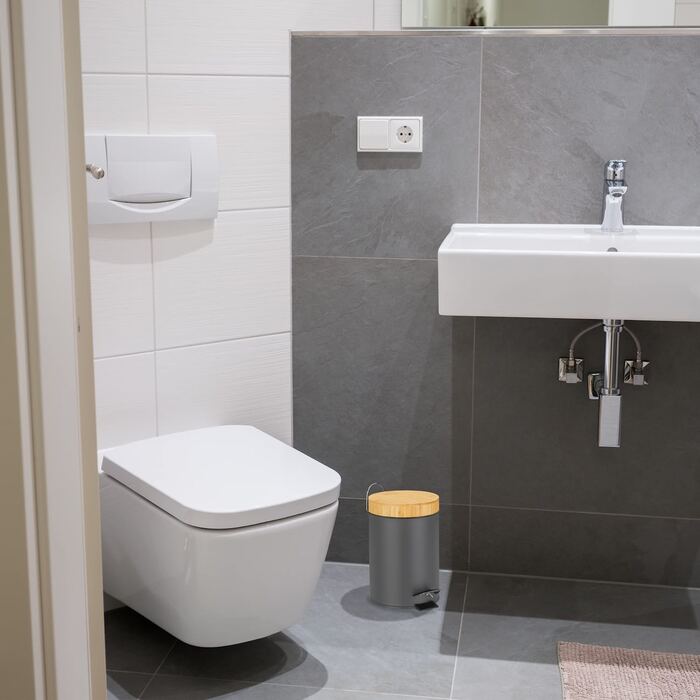 Relaxdays Mülleimer Bad, 3 l, Kosmetikeimer mit Absenkautomatik, Bambusdeckel, entnehmbarer Inneneimer, Treteimer, (Grau)