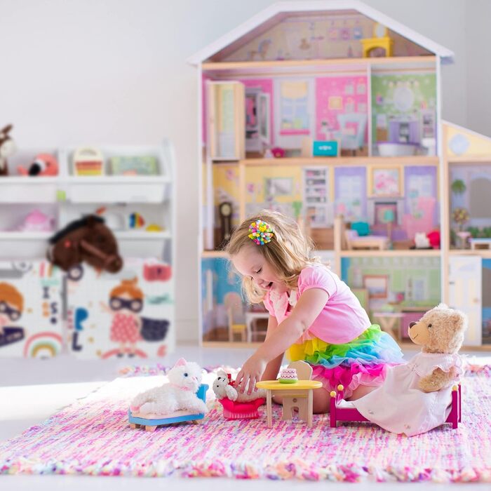 Relaxdays Kinderregal mit 6 Boxen, Kleine-Heldin-Motiv, 2 Kisten mit Rollen, HBT: 80,5x82,5x30 cm, Spielzeugregal, weiß