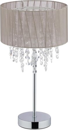 Relaxdays Tischlampe Kristall, Lampenschirm aus Organza, runder Standfuß, Nachttischlampe, HxD: 43 x 24 cm, grau/silber