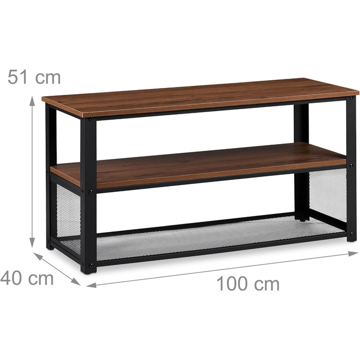 Relaxdays TV Bank, 3 Ablagen, Metall, Holzmaserung, für Wohnzimmer, Industrial, Couchtisch, HxBxT: 51x100x40 cm, braun