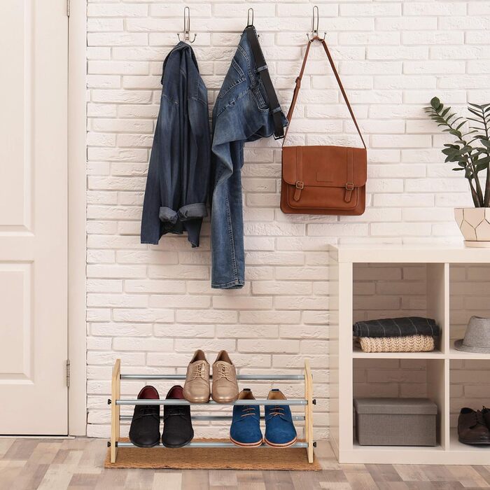 Relaxdays Schuhregal ausziehbar, offener Schuhständer mit 2 Ebenen, Holz & Eisen, erweiterbar bis 118 cm Breite, Natur 2 Etagen