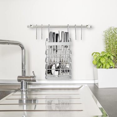 Relaxdays Küchenutensilienhalter Set, Edelstahl-Optik, Küchenrollenhalter, Abtropfgestell, Hängeleisten, 6 Haken, silber