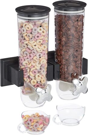 Relaxdays Müslispender doppelt, Wandmontage, für Müsli, Cornflakes, Süßigkeiten, Cerealienspender, Kunststoff, schwarz