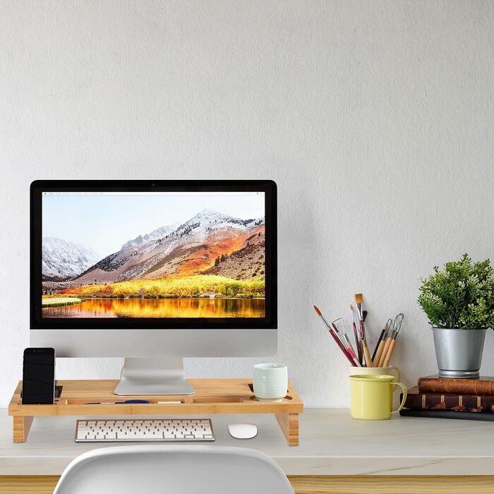 Relaxdays Monitorständer Bambus, Bildschirmerhöhung mit Stauraum, 9x60x30cm