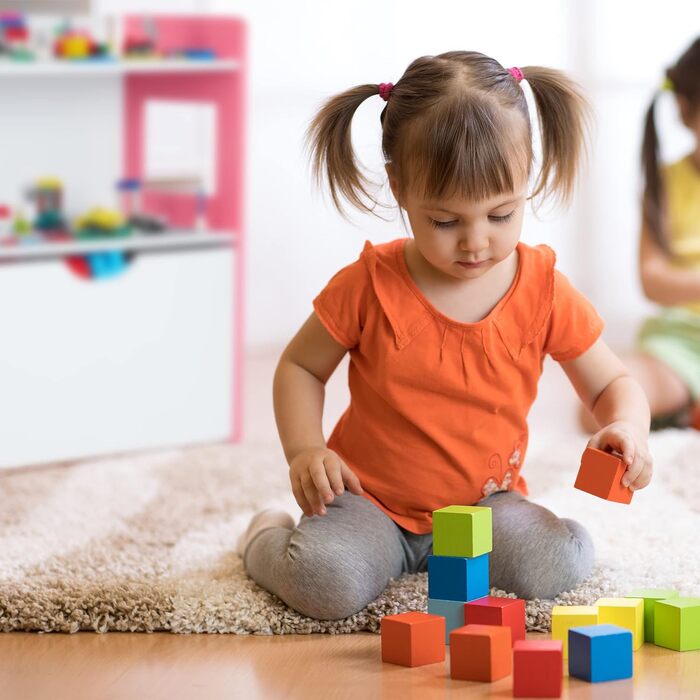 Relaxdays Kinderregal mit Bauplatten, Aufbewahrungsbox mit Rollen, HxBxT: 60 x 52 x 26,5 cm, Spielzeugregal, MDF, bunt