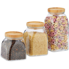 Relaxdays Vorratsgläser, 3er Set, 600/1000/1400 ml, Müsli/Pasta/Linsen, Bambusdeckel, transparent/natur