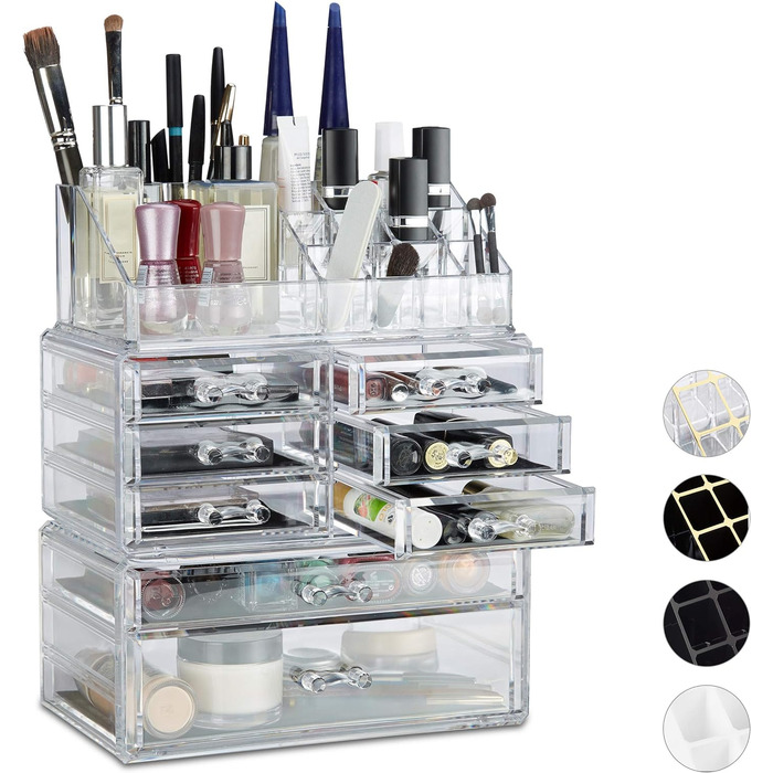 Relaxdays 1 x Make Up Organizer mit Schubladen, stapelbarer Schmuckkasten für Make Up, Acryl Schminkaufbewahrung, transparent 1 Transparent 1 Stück