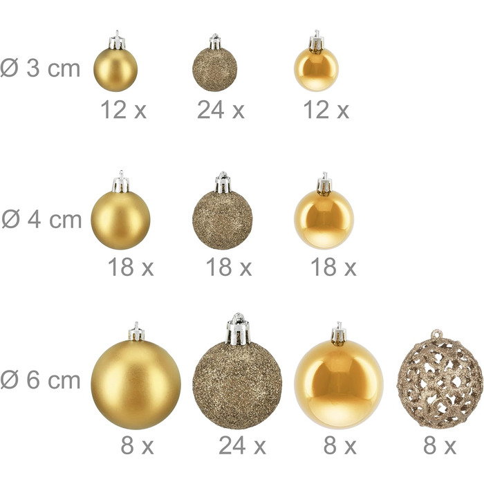 Relaxdays 150er Set Weihnachtskugeln, glitzernd/matt/glänzend, Kunststoff, ∅ 3/4/6 cm, Gold