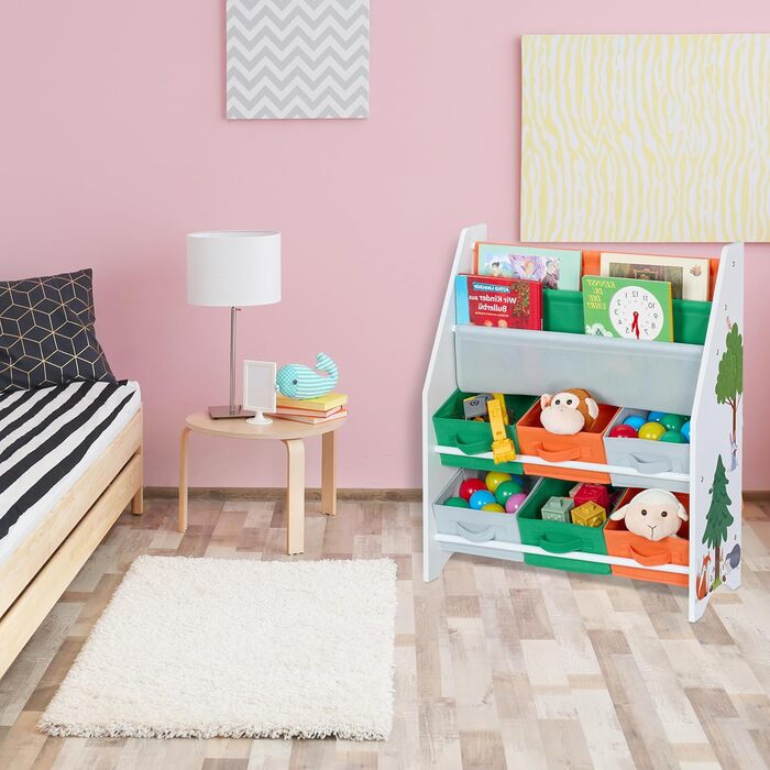 Relaxdays Kinderregal mit 6 Boxen & 2 Hängefächern, 74x62,5x31 cm, Spielzeugregal, bunt
