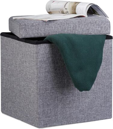 Relaxdays Faltbarer Sitzhocker, Fußablage, Sitzwürfel aus Leinen, mit Deckel, 38x38x38 cm, dunkelgrau
