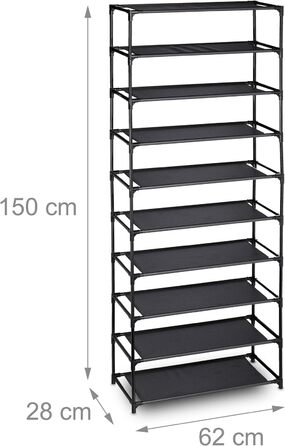 Relaxdays, schwarz Stoff Schuhregal Stecksystem, 10 Ebenen, für 30 Paar Schuhe, Schuhständer hoch HxBxT 150 x 62 x 28 cm, 1 Stück