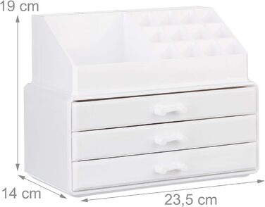 Relaxdays 2 x Make Up Organizer klein, 2-teilige Schminkaufbewahrung mit 3 Schubladen, stapelbares Kosmetikregal, weiß