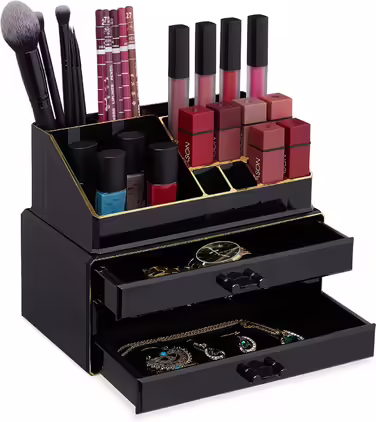 Relaxdays  x Make Up Organizer klein, 2-teilige Schminkaufbewahrung mit 3 Schubladen, stapelbares Kosmetikregal,    9 x 23.5 x 4 cm (1, Schwarz-gold, 1 Stück)