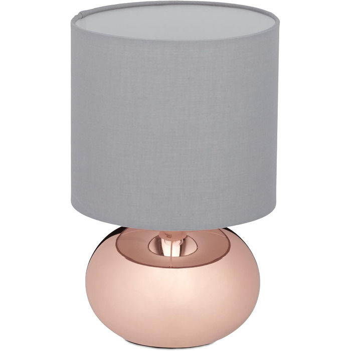 Relaxdays Tischlampe, runde Nachttischlampe mit Touch, HxD: 27,5 x 18 cm, E14, Tischleuchte mit Stoffschirm, (Kupfer/Grau)