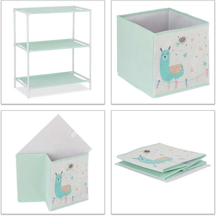 Relaxdays Kinderregal mit 4 Boxen, Lama-Design, HBT 62x53x30 cm, bunt, für Jungen & Mädchen, Spielzeug