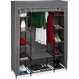 Relaxdays Stoffschrank mit Kleiderstange & 12 Ablagen, HBT: 175x135x45cm, Kleiderschrank mit Reißverschluss, anthrazit